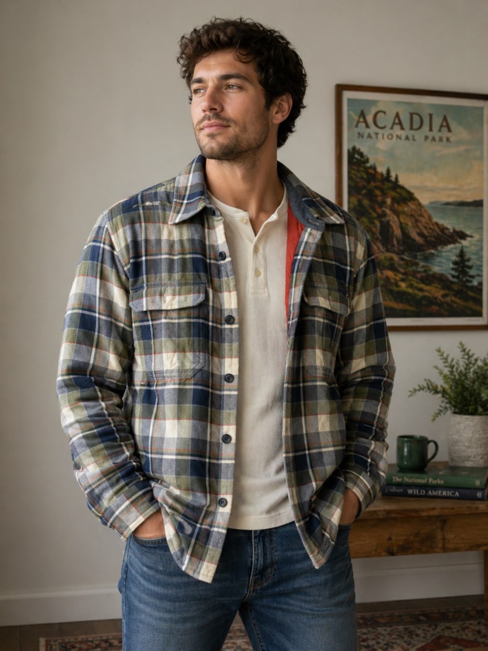 LL BEAN Men's Cotton Plaid Flannel Casual Outdoor Thick Insulated Shacket EUC L